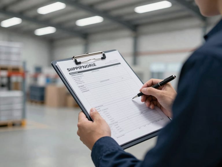 Close-up of a shipping manifest clipboard held by a logistics manager in a clean warehouse, high-contrast industrial lighting, 35mm