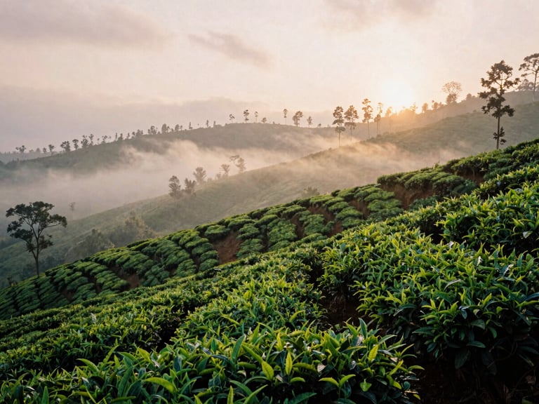 Wide panoramic view of misty green tea plantations in Sri Lanka at dawn, soft golden light breaking through the low clouds, 35mm film aesthetic