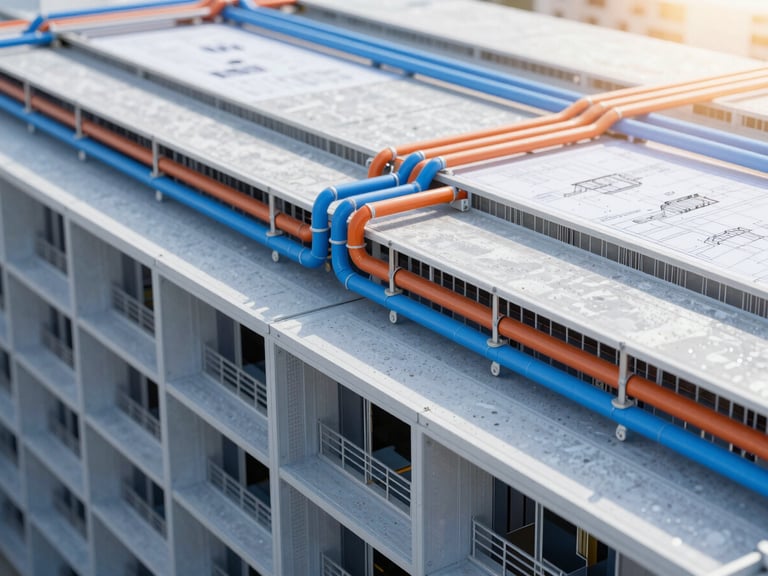Crisp rendering of a complex MEP building model in Revit, showing color-coded mechanical ducts and electrical trays, technical blueprint overlay