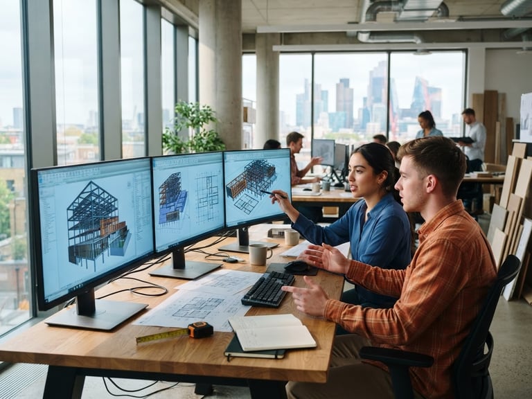 Crisp architectural photography of young engineers collaborating over dual-monitor setups showing complex Revit models, bright natural daylight with cool screen glow, 35mm lens