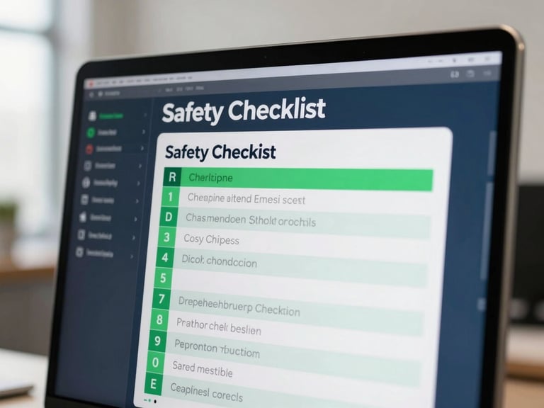 Close-up of a digital safety checklist on a monitor, data flowing, security-green elements, neutral office light.