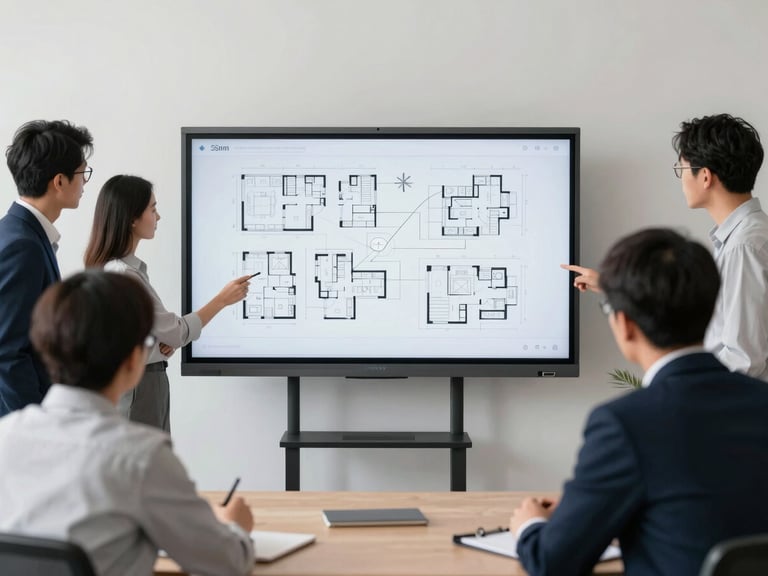 Team members collaborating around a large screen displaying project schematics, professional and focused, modern office.