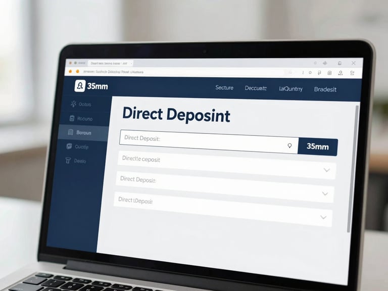 Close-up of a secure digital banking interface on a laptop screen, showing direct deposit fields, bright neutral office daylight, professional slate and navy tones, sharp focus, 35mm