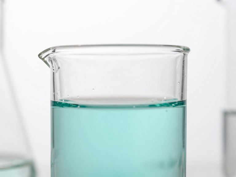 Bright high-key macro close-up of sterile laboratory glassware with precise teal liquid, clean white clinical studio light, sharp focus.