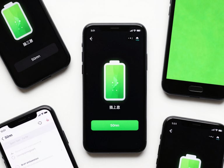 Top-down flat lay of an Android smartphone displaying a battery optimization app, glowing green power indicators, clean studio setup.