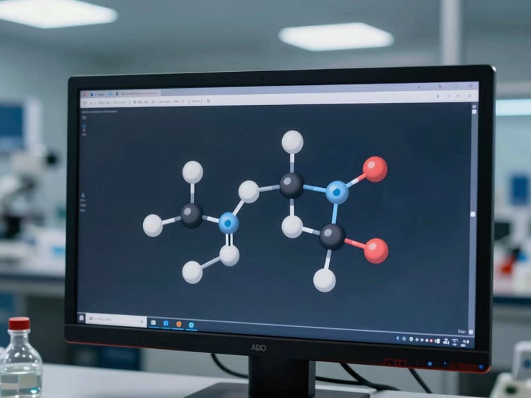Abstract molecular structure visualization on a high-resolution dark monitor in a dimly lit research facility, sharp focus.