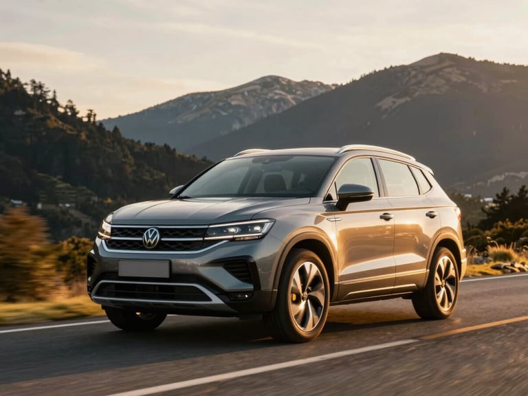 Low-angle environmental tracking shot of a brand-new 2026 Volkswagen Taos driving through a scenic mountain road in Bariloche, dramatic golden hour light, polished metallic reflections, 35mm.