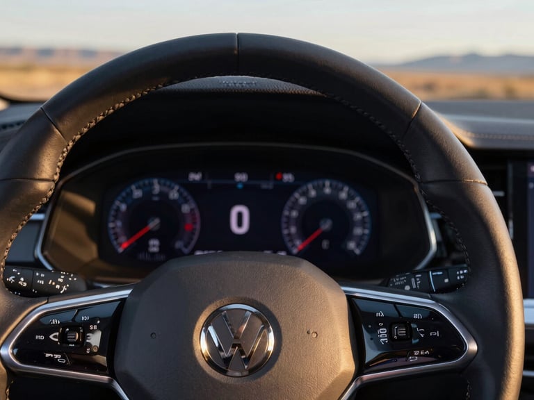 Macro detail of a modern Volkswagen steering wheel with digital cockpit instrumentation, sharp technical lighting, premium feel.