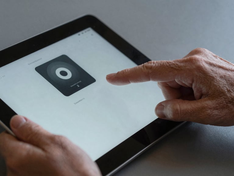 Tight macro crop of an older hand and a younger hand interacting with a tablet screen together, displaying a highly legible, accessible user interface. Cool studio lighting, sharp focus on the glass surface.
