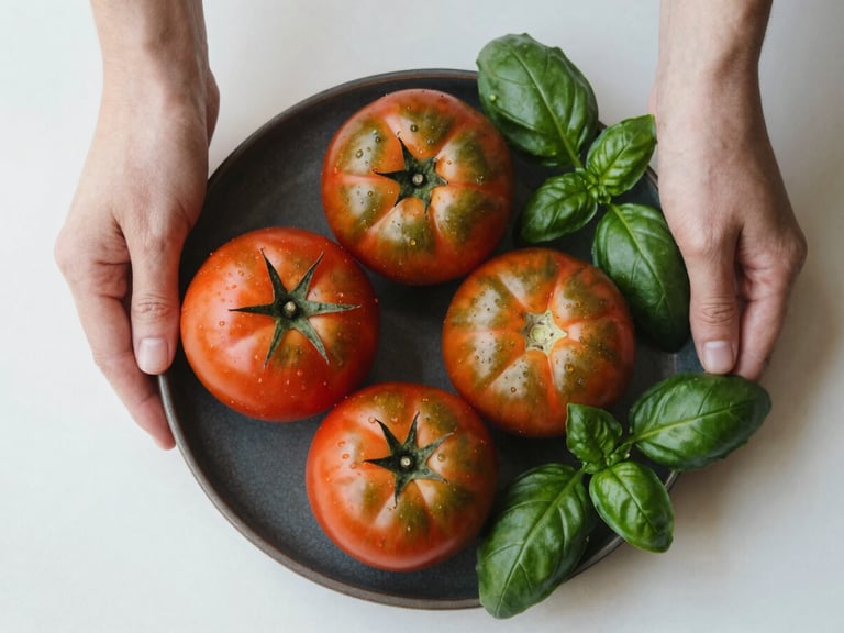 Overhead flat-lay of hands plating fresh heirloom tomatoes on a dark ceramic dish, soft natural window light, rich green basil leaves, 35mm editorial photography