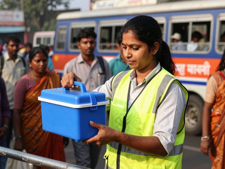 Documentary photo of a dedicated healthcare worker in a high-visibility vest holding a blue vaccine carrier box at a bustling Indian transit junction, warm sunlight, authentic human moment, 35mm lens