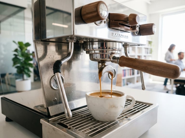 Close-up of a high-end commercial espresso machine, steam wand polished steel, rich crema pouring into a ceramic cup, bright clean office background, 35mm