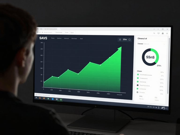 Over-the-shoulder view of a clean SaaS analytical dashboard displaying upward trending lines, neon green accent glows, cool high-contrast studio light, 35mm