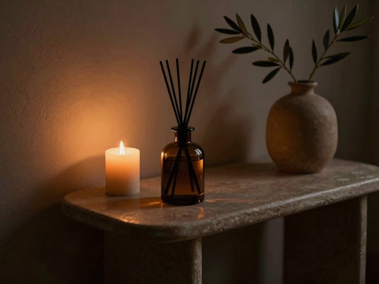 A minimalist ceramic console table with a reed diffuser in heavy amber glass, a single dried olive branch in a clay vase, warm low-key lighting, deep shadows.