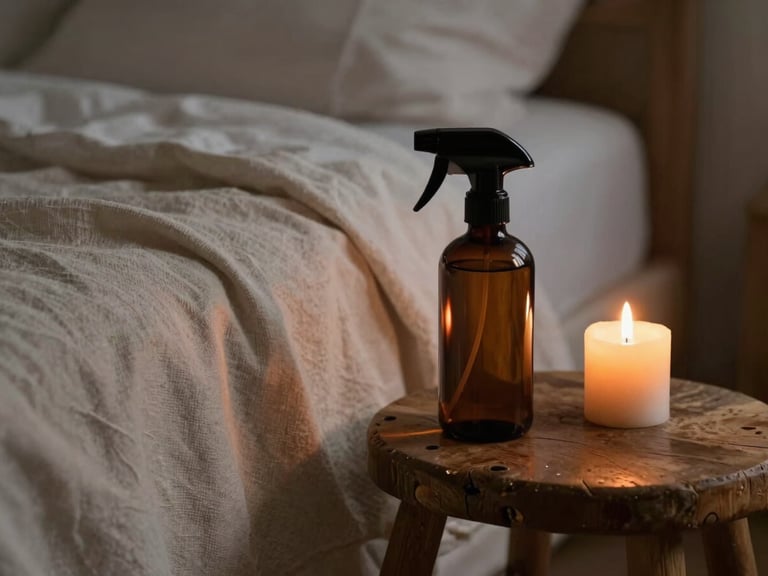 Close-up of a linen-draped bed at dusk, a dark amber glass room spray bottle resting on a rustic wooden stool, soft warm candlelight, shallow depth of field.