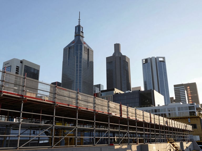 Low-angle architectural perspective of structural scaffolding lines against the crisp morning Melbourne skyline, clean geometric shadows.