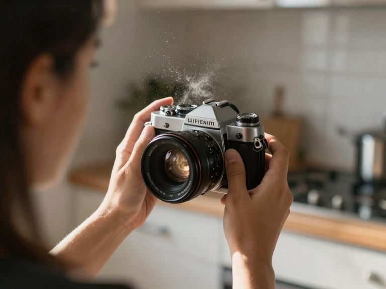 Over-the-shoulder shot of a photographer adjusting a vintage camera lens in a sunlit kitchen, flour dust floating in the air