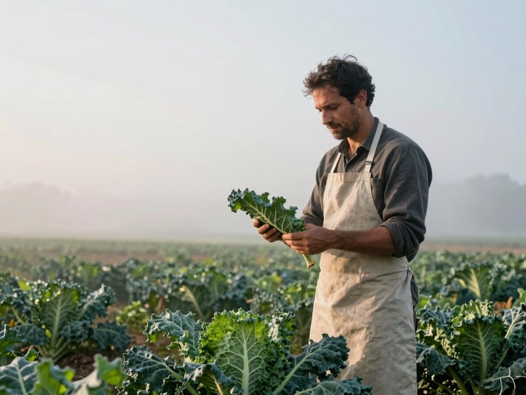 A local farmer in a canvas apron inspecting heirloom kale leaves in a misty field at dawn, natural daylight, soft focus, environmental portrait with generous negative space.