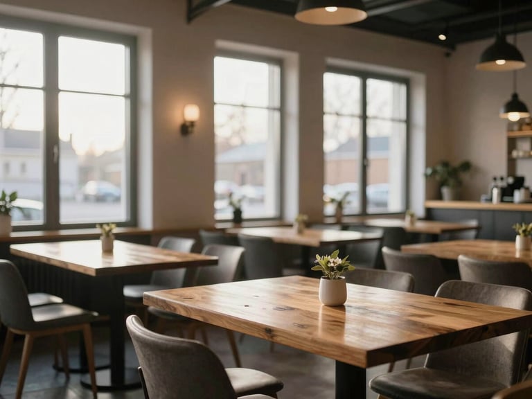 Cozy Scandinavian restaurant interior during prep hours, soft morning sun filtering through large windows, empty wooden tables, clean and calm atmosphere