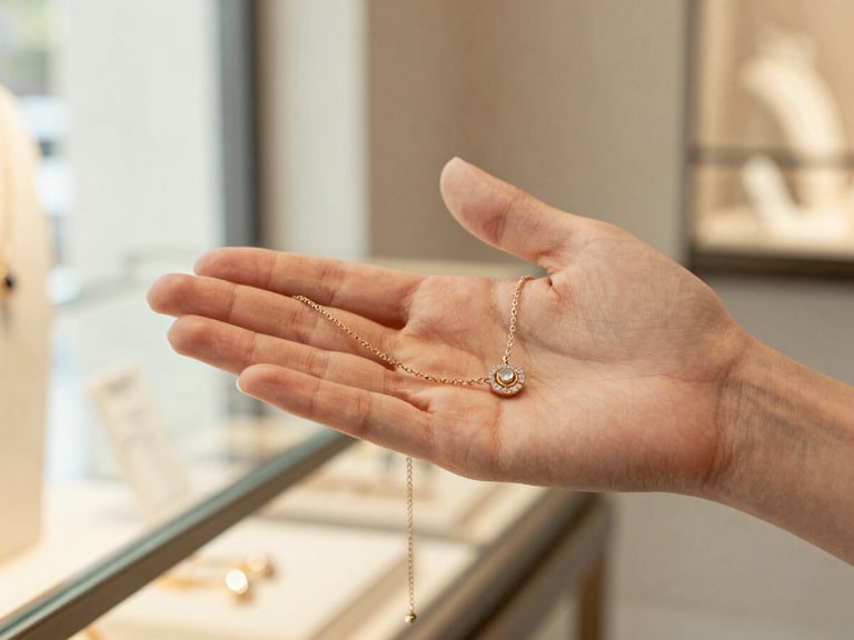 Close-up of an elegant hand holding a delicate, curated semi-jewel necklace, with a blurred background of a stylish display case and soft salon lighting, warm editorial photography, shallow depth of field.