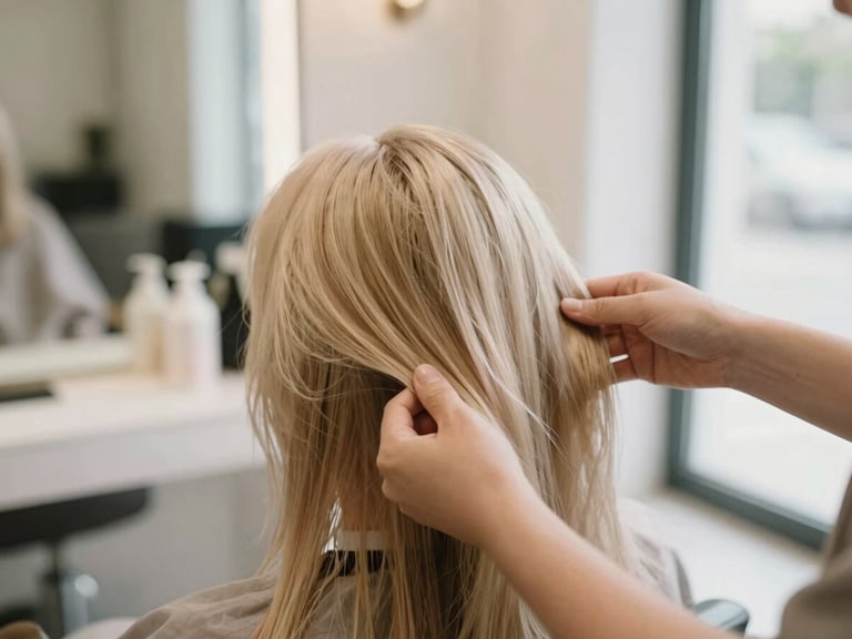 Elegant hands of a stylist gently applying a treatment to healthy, soft-focus hair, with a blurred background of a sophisticated salon interior, warm editorial photography, soft natural window light.