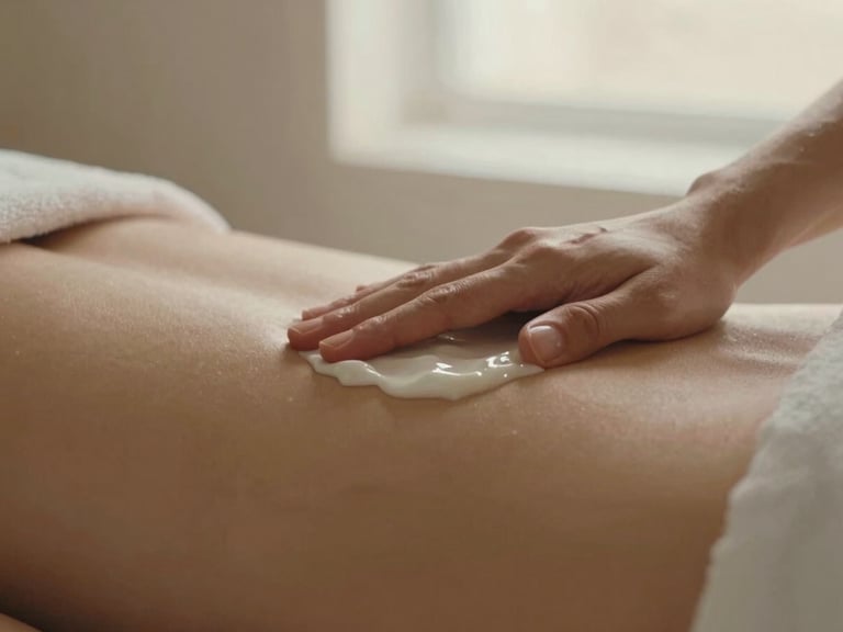 Close-up of a luxurious hand massage with rich cream, soft focus, warm champagne lighting, serene atmosphere.