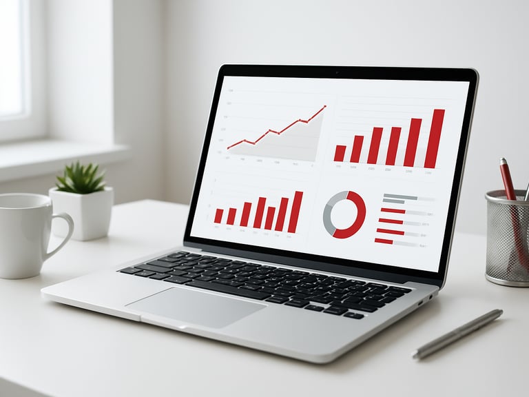 Bright minimalist photography, clean white workspace, soft natural daylight, a sleek laptop showing a clean financial dashboard, silver and red accents, sharp focus, 35mm