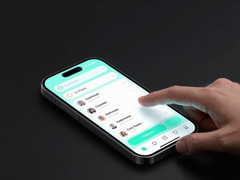sleek 3D digital render of a productivity app interface on a smartphone, showing fluid task management, high-contrast dark background, glowing neon cyan accents, glassmorphism, isometric perspective, octane render, hands interacting with touchscreen