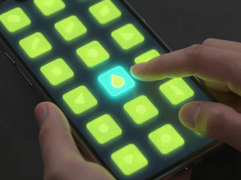 sleek 3D digital render of a casual puzzle game interface on a smartphone, showing vibrant neon lime elements and fluid physics, high-contrast dark background, glassmorphism, isometric perspective, octane render, hands interacting with touchscreen, tight macro crop