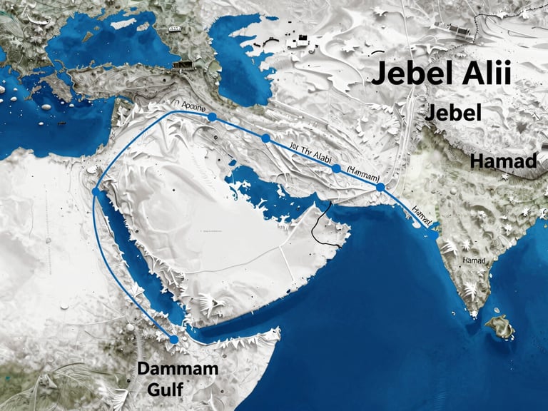 Wide-angle technical diagram of shipping routes from Kanyakumari port across the Arabian Sea to Gulf ports including Jebel Ali, Dammam, and Hamad, clean blue and white vector style.