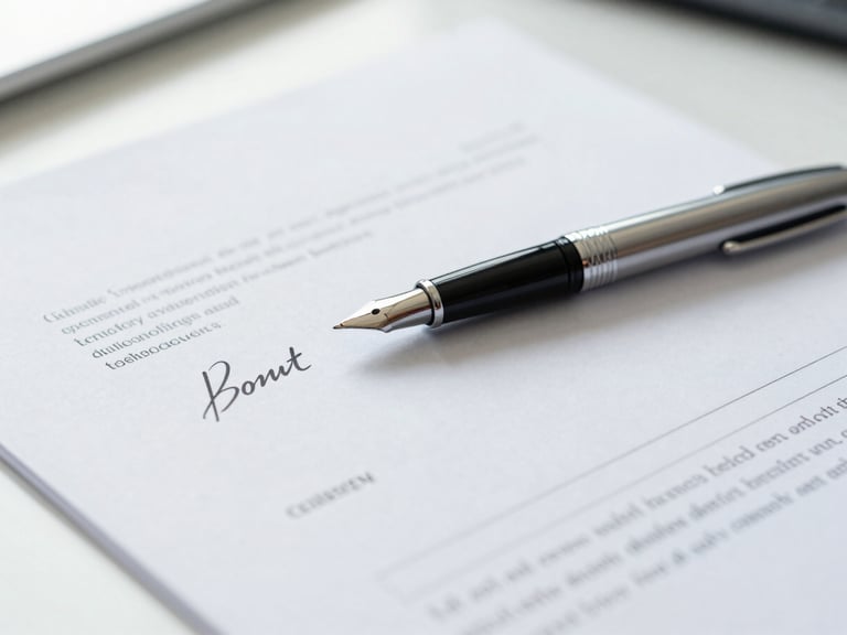A close-up of a signed official document with a corporate pen resting on it, bright natural office light, professional cool tones.