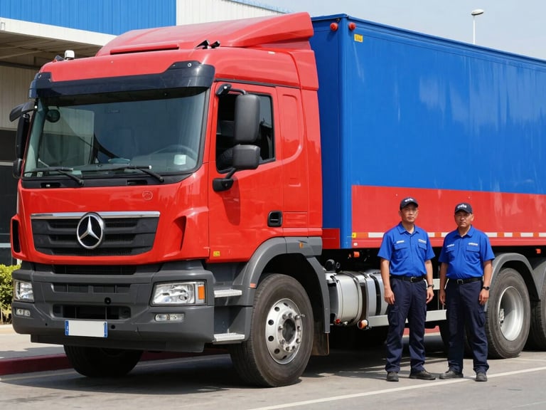 A bold red and blue Waste Fighters truck parked curbside under bright midday daylight, professional crew members in clean uniforms standing ready, sharp focus, 35mm lens