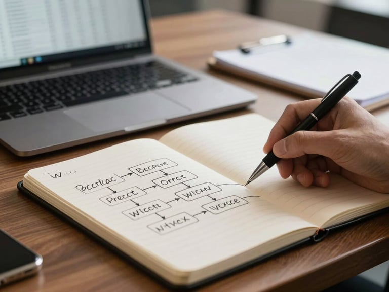 Close-up of a notepad with handwritten process flow diagram on a conference table, pen resting mid-annotation, laptop open in background showing a spreadsheet, available office light, desaturated tones