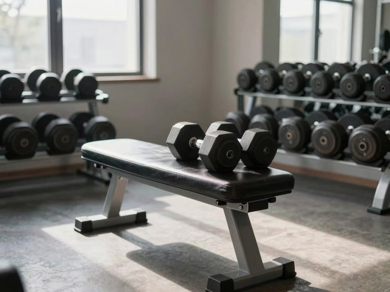 A clean, modern training space with a leather bench and neatly arranged dumbbells, soft natural light streaming through a window.