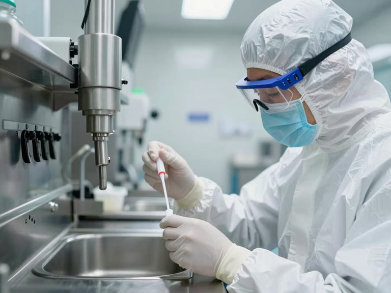 A professional technician in full sterile white PPE and protective eyewear conducting a swab test on a pristine stainless steel food processing line, bright clinical lighting.