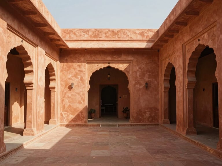 Sun-drenched central courtyard of a modern boutique hotel in Jaipur, warm terracotta walls, carved stone arches, soft morning shadows, 35mm photography.