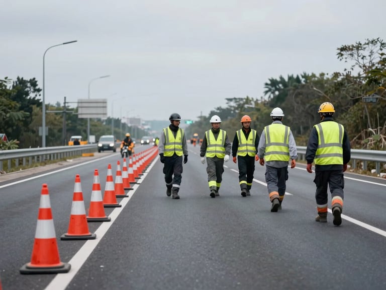Wide shot of a road construction crew on an active highway, workers wearing full PPE including helmets and high-visibility vests, lane closure cones in foreground, overcast cool daylight showing site conditions clearly
