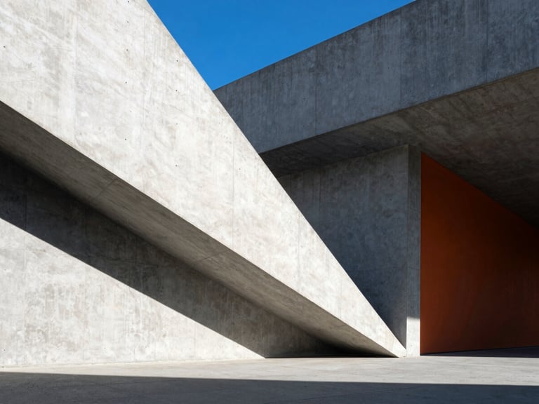 High-contrast architectural photography of sharp concrete angles under direct sunlight, deep geometric shadows, electric blue accents, 35mm wide-angle