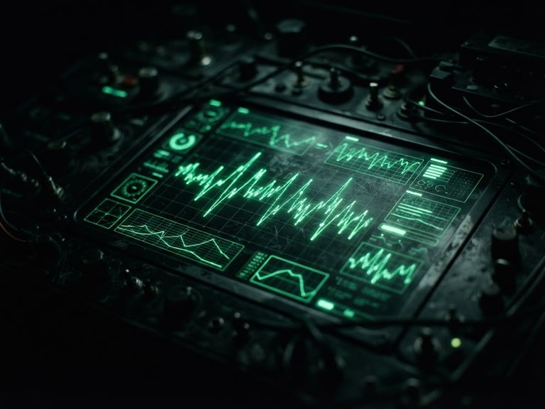 Macro close-up of a dark telemetry dashboard with glowing neon green line charts, high contrast shadows, shallow depth of field, 35mm