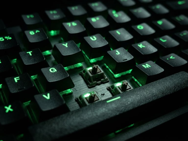 Macro shot of a mechanical keyboard under sharp neon green ambient lighting, high contrast shadows, technical wireframe overlays