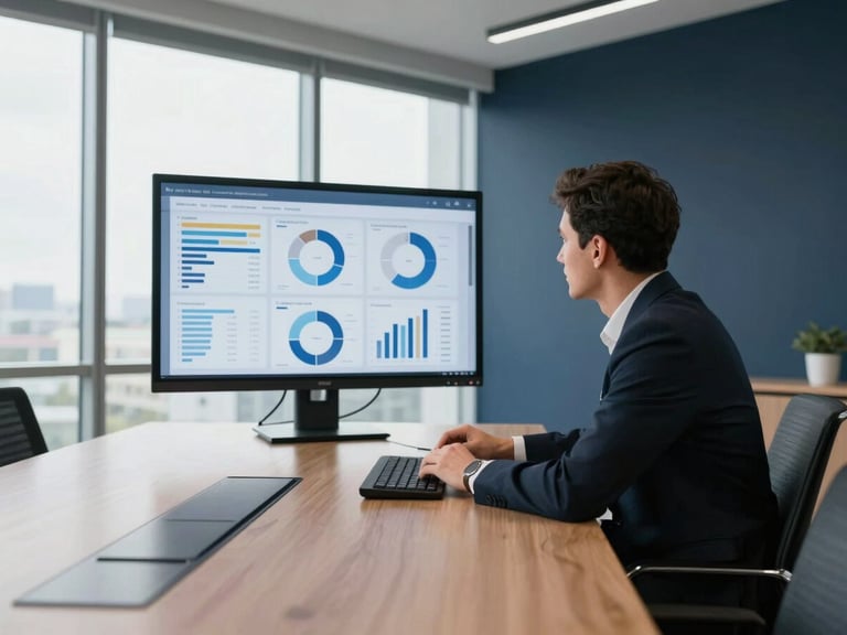 Wide shot from the right side of a modern boardroom, a business owner reviewing analytics on a large monitor, clean natural light through floor-to-ceiling windows, sharp focus on the screen data and the executive's deliberate posture, deep navy walls suggesting premium environment