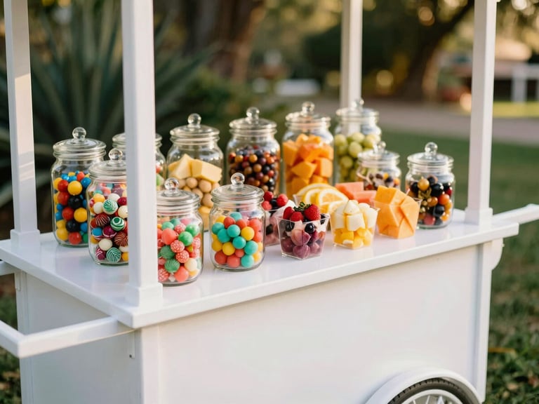 Close-up of a beautifully styled white mobile snack cart at an outdoor garden wedding, warm golden hour light, colorful glass jars filled with Mexican candies and fresh fruit cups, 35mm photography