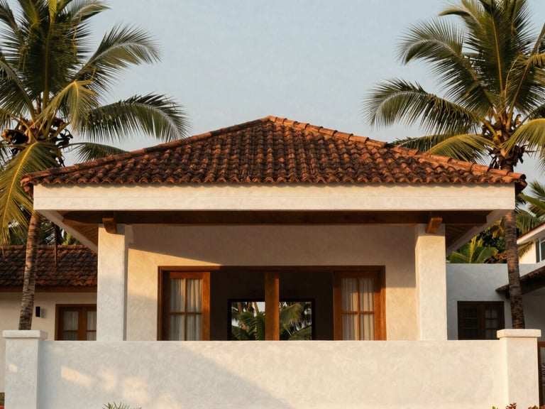 Architectural elevation of a coastal villa in Goa, white lime-plaster walls, terracotta tiled roof, deep overhangs, framed by palm trees, soft golden hour light.