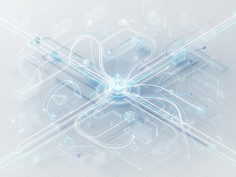Isometric 3d render of abstract geometric motion paths intersecting with clean UI wireframes, bright high-key studio lighting, minimalist tech aesthetic, crisp focus.