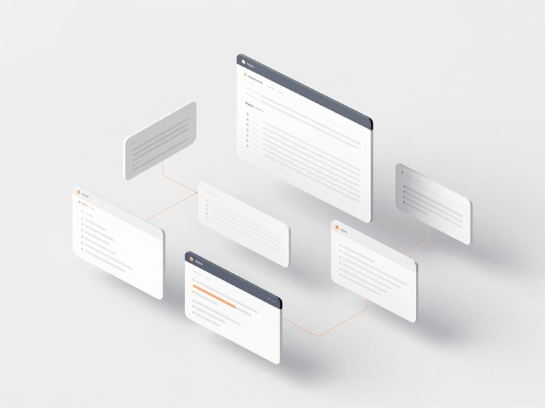 Minimalist top-down digital render of floating UI wireframes and connected vector motion paths, clean white and slate aesthetic with subtle orange highlights.