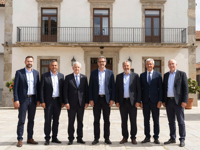 Bright environmental photo of the Guadarrama local government team standing together outside the town hall, smiling, natural daylight, professional setting