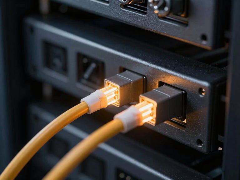 Sleek corporate technology photography, macro close-up of optical fiber cables glowing with golden orange light in a dark server rack, clean architectural lines, 35mm