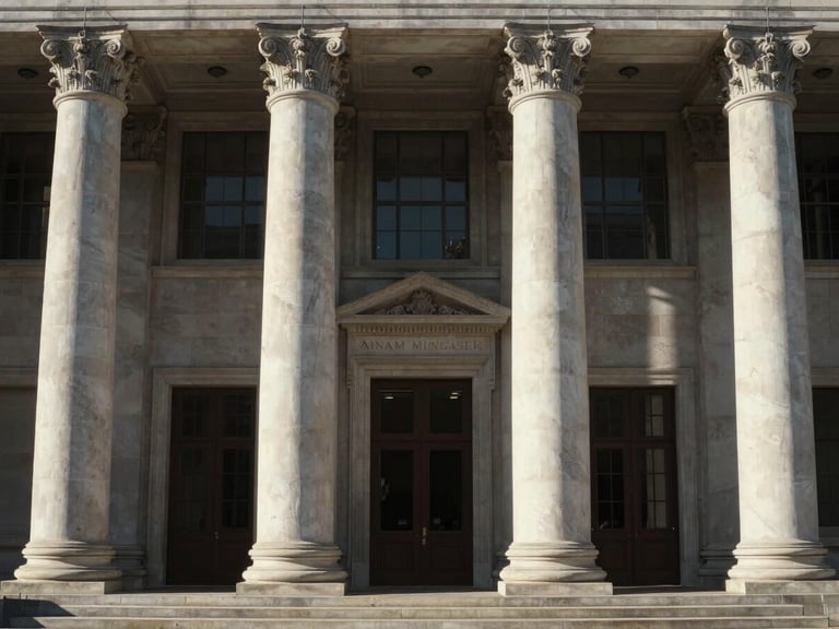 Symmetric architectural view of a sovereign financial institution facade, crisp morning light, heavy stone pillars, formal composition.