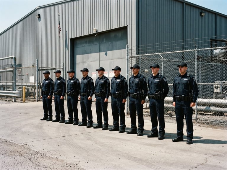 A disciplined lineup of uniformed security guards standing at attention outside an industrial warehouse gate, sharp daylight, high contrast, 35mm lens