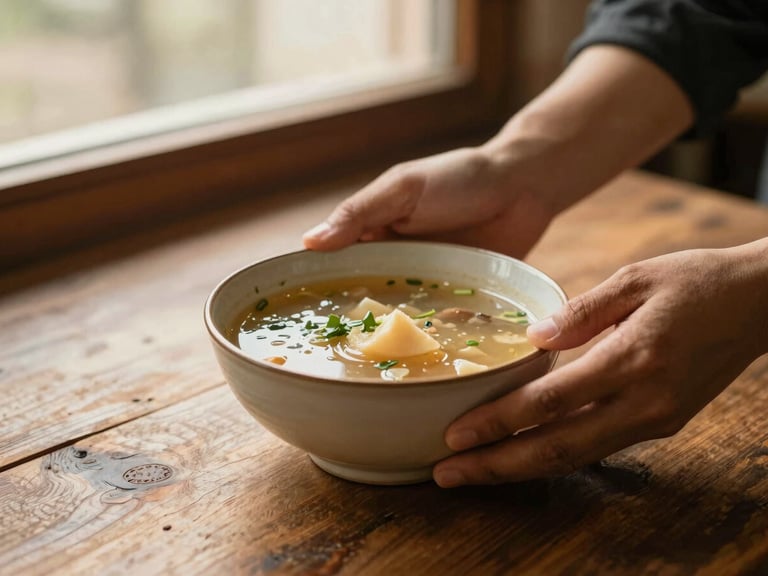 Candid medium shot of hands passing a warm ceramic bowl of soup across a rustic wooden table, soft window lighting, earthy tones